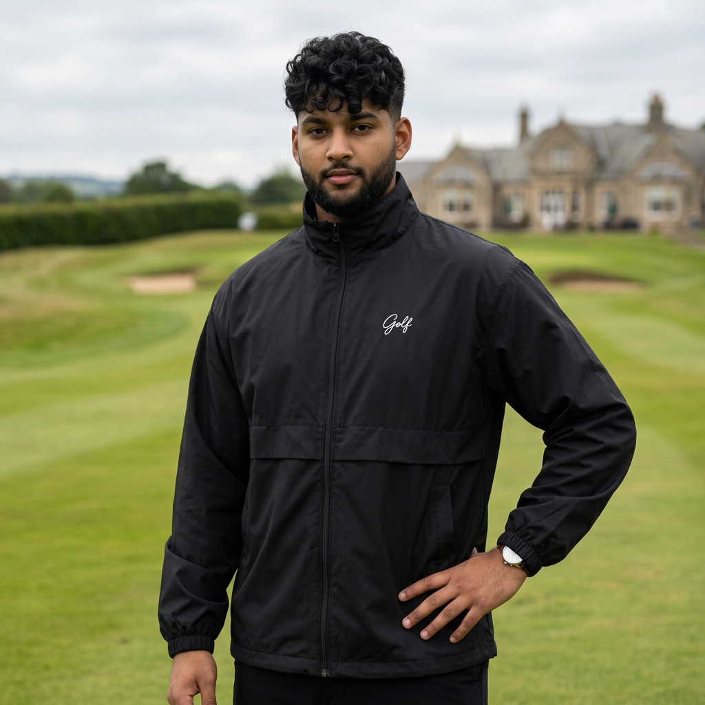 Black Golf windbreaker modelled on a golf course, AI-generated mockup