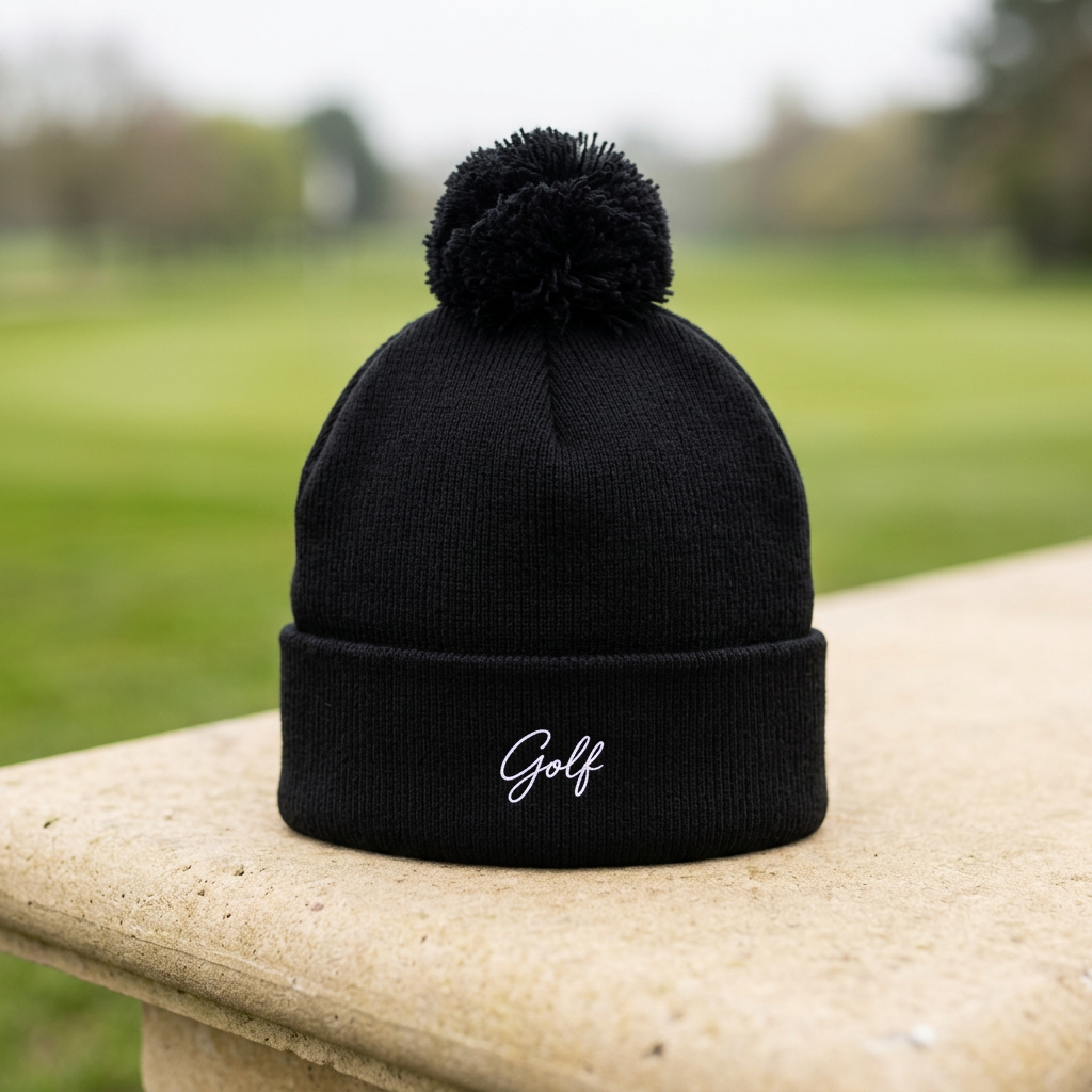 Black Golf pom-pom beanie on a stone bench beside a golf course, AI-generated mockup