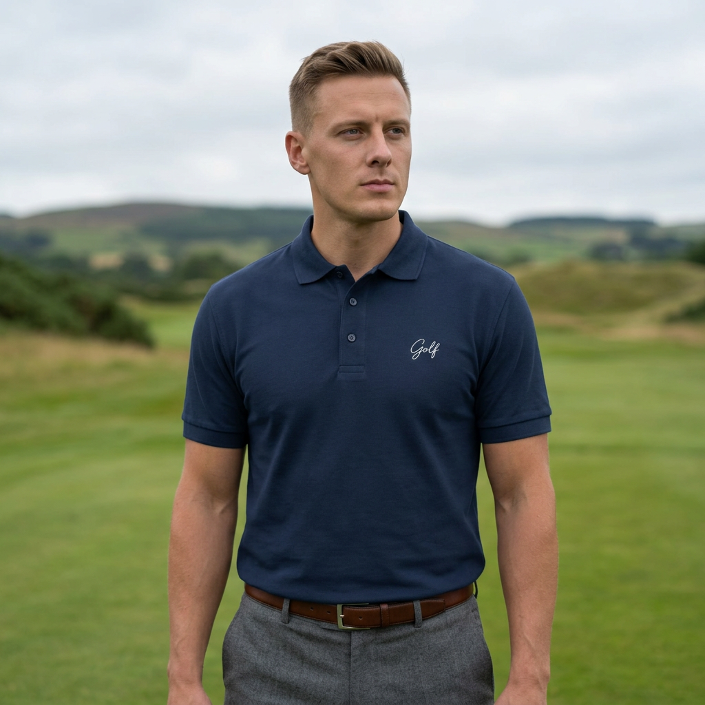 Navy Golf polo modelled on a golf course, AI-generated mockup