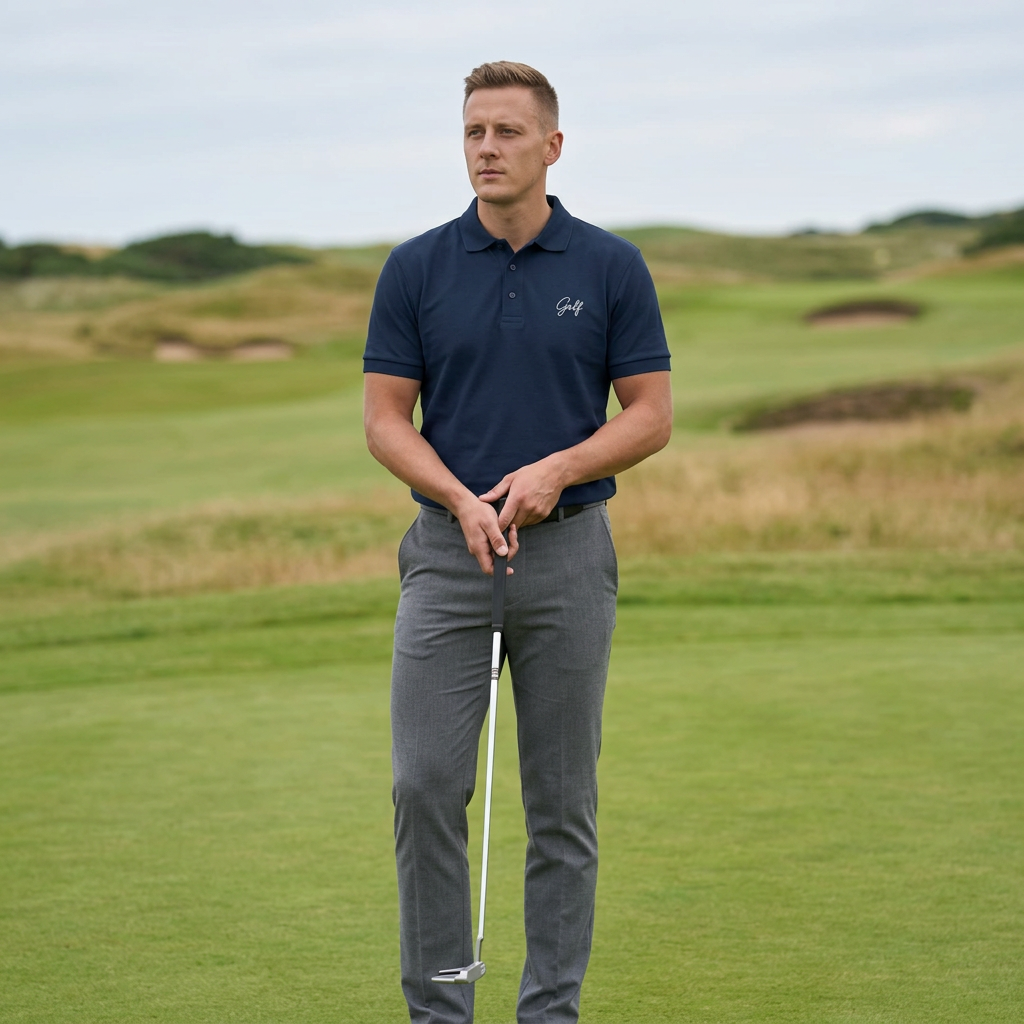 Golfer wearing navy Golf polo holding a putter on a putting green, AI-generated mockup