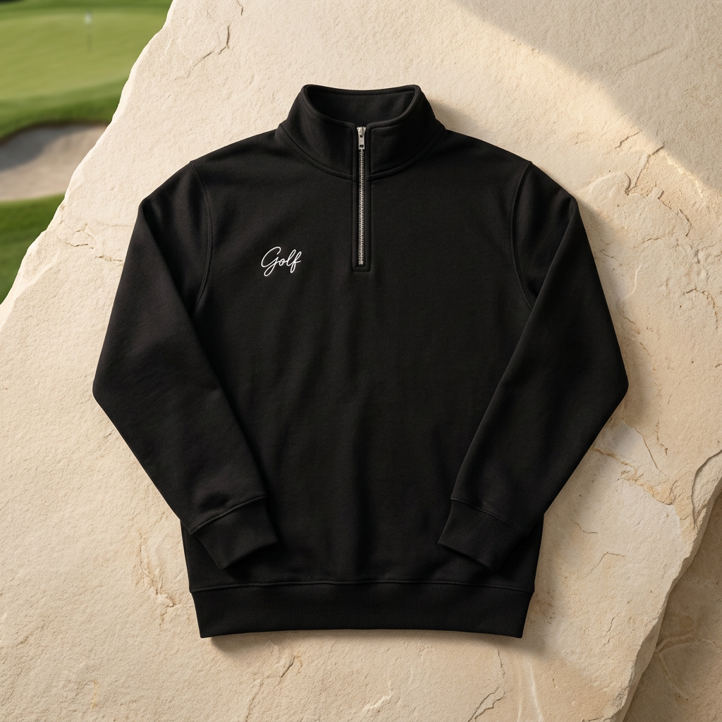 Black Golf quarter-zip flat lay on pale stone, AI-generated mockup