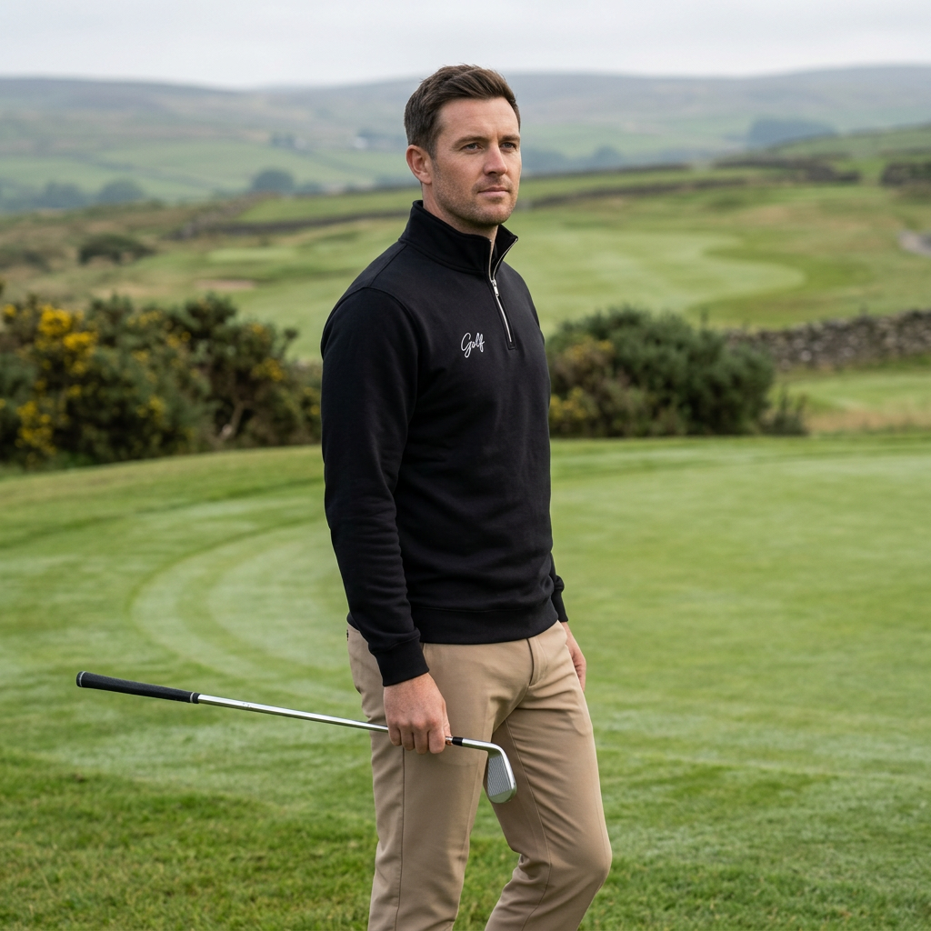 Golfer wearing black Golf quarter-zip holding an iron by the putting green, AI-generated mockup